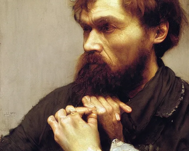 Prompt: a close up of dostoyevsky as an exhausted painter in his studio by edgar maxence and caravaggio and michael whelan, intricate painting, hyper realistic, extremely detailed and beautiful aesthetic face, 8 k resolution