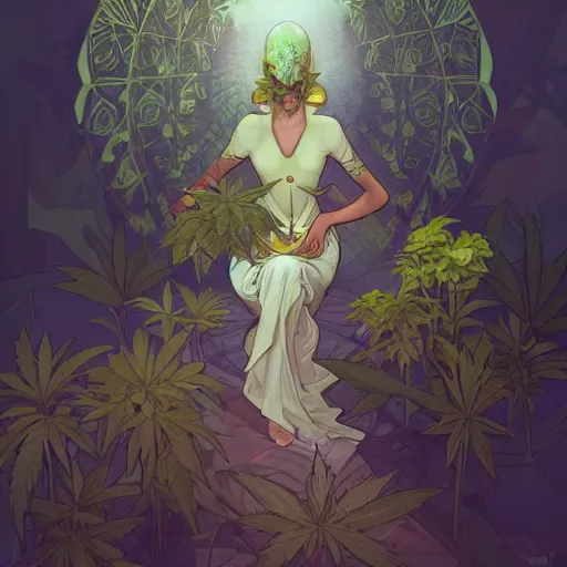 Image similar to a cannabis plant, bio vegetal concept art, by Peter Mohrbacher and Alphonse Mucha, chess, amazonia, detailed, style, 8k, trending on artstation, unreal engine 4k, detailed, clean background trending, full shot, symmetrical portrait, sophisticated, Unreal engine, dystopia, anti-utopia, post processing, psychadelic