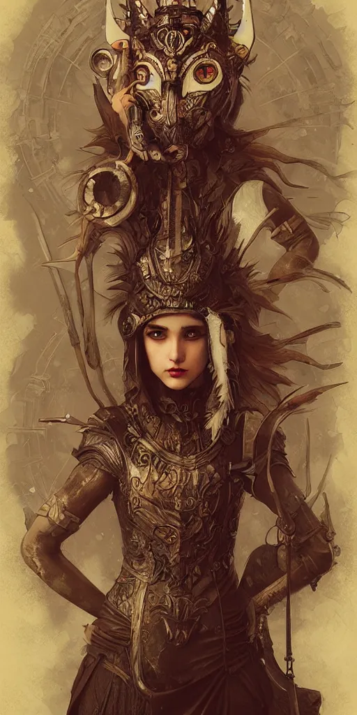 Image similar to hyper realistic Princess Mononoke, ornate mask, wet market street, rainy cyberpunk metropolis, full body pose, wolves, style of tom bagshaw, mucha, james gurney, norman rockwell, denoised, sharp