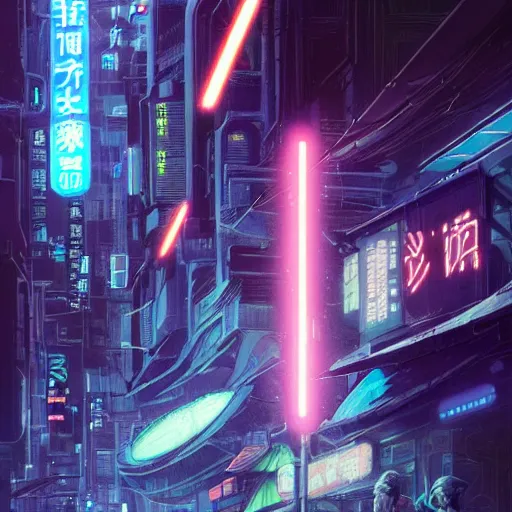 Prompt: Jedi in future japan at night, Neon Lights, High contrast concept art, fine details, studio ghibli, cinematic lighting, ghost-in-the-shell, cyberpunk,sci-fi, fantasy, intricate, elegant, highly detailed, digital painting, trending on artstation, concept art, smooth, sharp focus, illustration, by james gurney and greg rutkowski