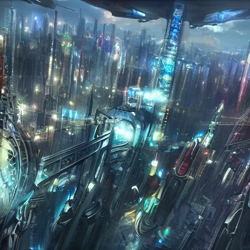 Prompt: Beautiful painting of sci-fi fututistic metropolis, Drone footage, by Yoshitaka Amano Trending on Artstation, nvidia, unreal engine