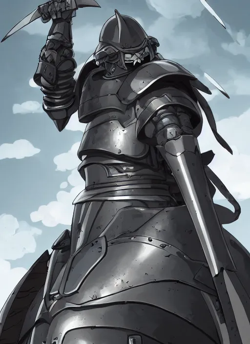 Prompt: A huge armored guy with big black sword and round shield , wearing black steel helmet with feather and have a Crow on his arm. Character portrait face made in Studio Ghibli artstyle ,highly detailed art, beautiful scene, sharp focus, smooth, 8k, anime art, fantasy, style in ghibli anime style, fantasy, island, forest, ghibli animal in 8k