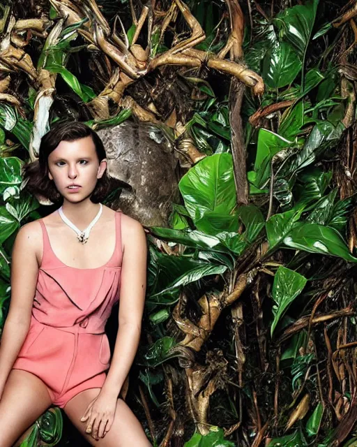 Prompt: Millie Bobby Brown in a jungle of lightning