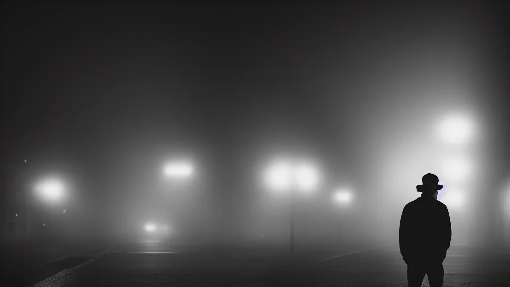 Image similar to full face portrait a man is standing on the street under the lights, fog, volumetric lighting, mystique, atmospheric, sharp focus, ultra detailed, noir art house, 4 k, cinematic, 3 5 mm