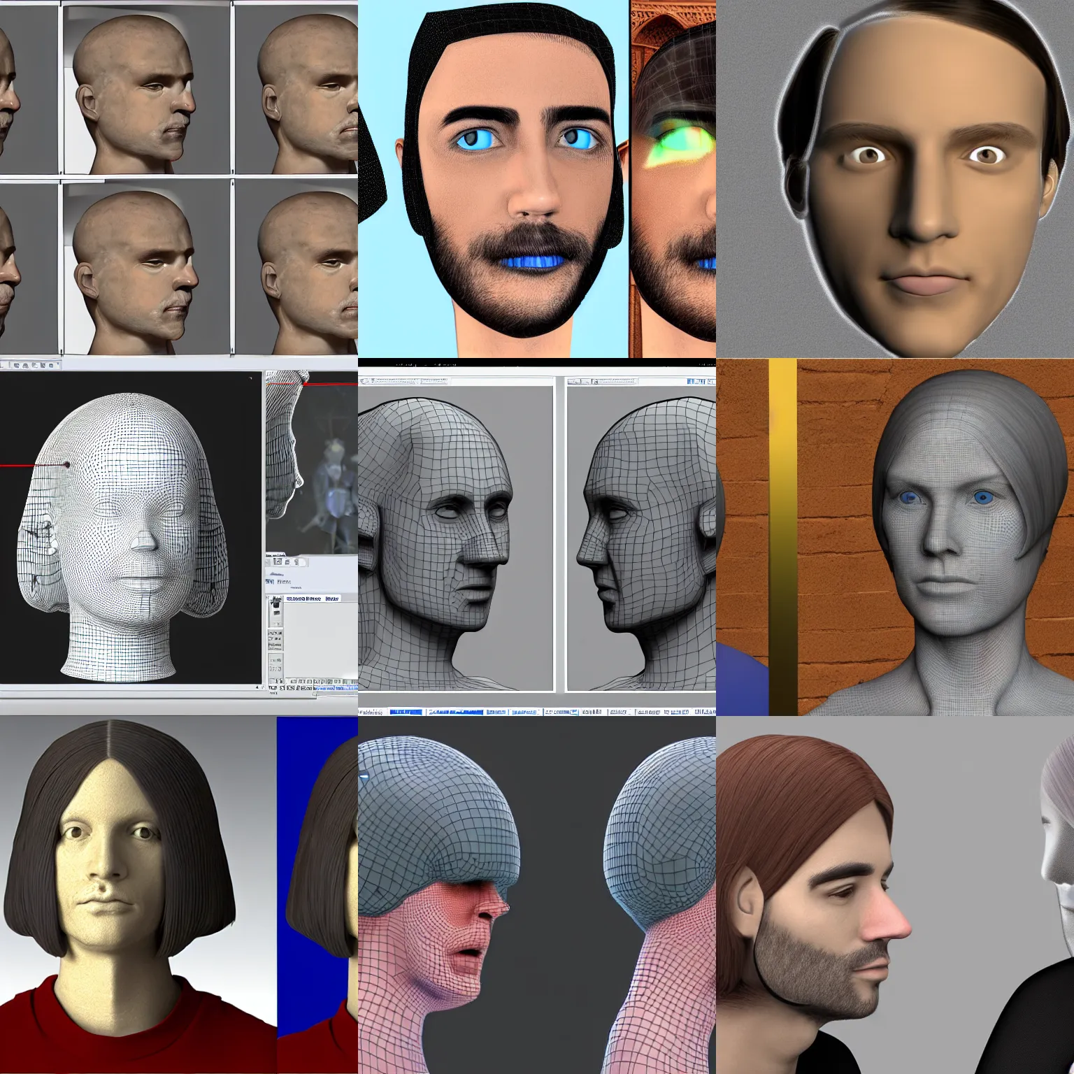 Prompt: a male researcher with long dark bob cut struggling to train 3d face model neural network in jerusalem, digital art