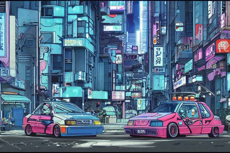 Image similar to 1990 Geo Metro, city in anime cyberpunk style by Hayao Miyazaki