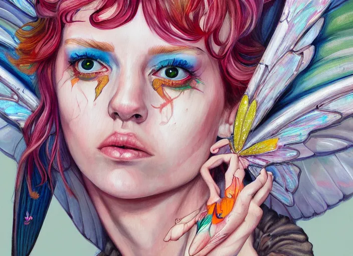 Image similar to a painting by martine johanna of a fairy with big wings wearing a hoodie standing in a township street in the style of jenny saville, street fashion outfit, haute couture fashion shoot, fairy, d & d, fantasy sticker illustration, artstation