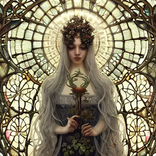 Prompt: absolutely beautiful empress, intricate, elegant, hyper detailed, finely detailed beautiful angelic symmetry face delicate, smooth, sharp focus, award - winning, masterpiece, in bloom greenhouse, shining light came in through the window, style of tom bagshaw, cedric peyravernay, peter mohrbacher, louis comfort tiffany, victo ngai, 4 k hd illustrative wallpaper