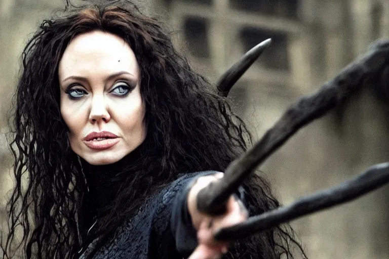 Image similar to film still Angelia Jolie as Bellatrix Lestrange in Harry Potter movie