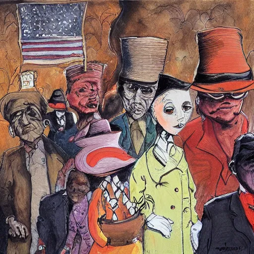 Image similar to A beautiful painting of a group of people waiting in line to vote. burnt umber by Sam Kieth magnificent