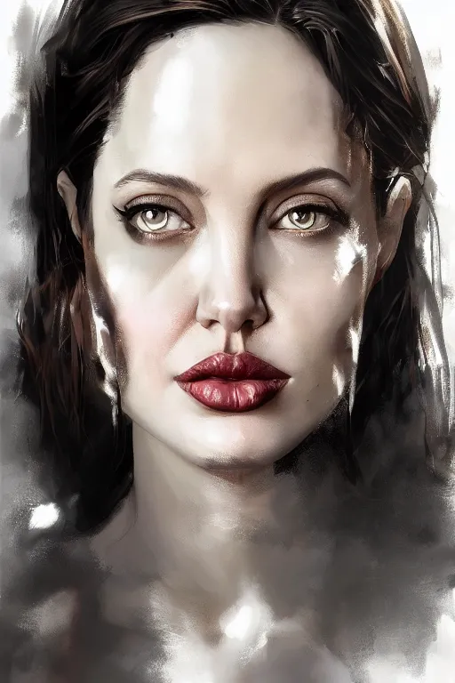 Image similar to a fancy portrait of a beautiful young angelina jolie by greg rutkowski, sung choi, mitchell mohrhauser, maciej kuciara, johnson ting, maxim verehin, peter konig, bloodborne, 8 k photorealistic, cinematic lighting, hd, high details, dramatic, dark atmosphere, trending on artstation