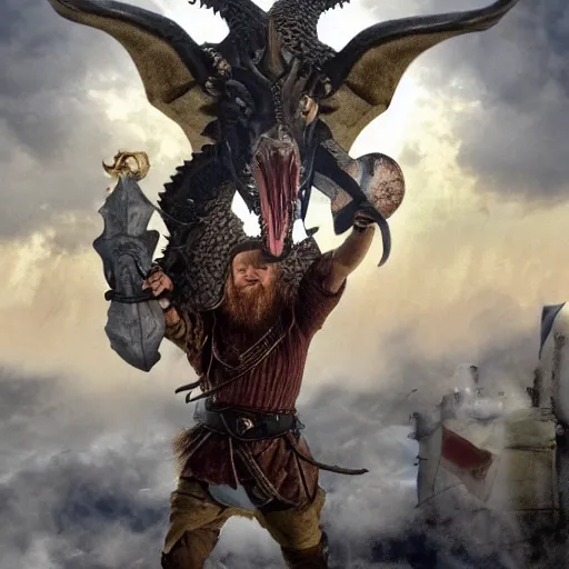 Image similar to viking holding the severed head of donald trump, rides a dragon flying over the white house, 8 k