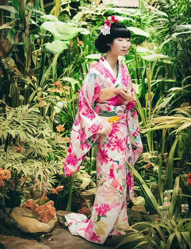 Image similar to photograph of a beautiful Japanese woman wearing a pretty kimono in a tropical greenhouse, by Annie Leibowiz, extremely detailed, large format camera, Fuji Provia, bokeh, blurred background, photorealistic, trending on artstation, trending on instagram