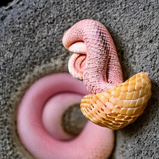 Image similar to a pink striped boa snake curled up on an ice cream cone, boa ice cream