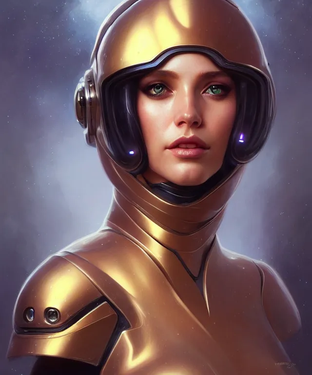 Image similar to futuristic woman in helmet portrait, sci-fi, amber eyes, face, long hair, fantasy, intricate, elegant, highly detailed, digital painting, artstation, concept art, smooth, sharp focus, illustration, art by artgerm and greg rutkowski and alphonse mucha