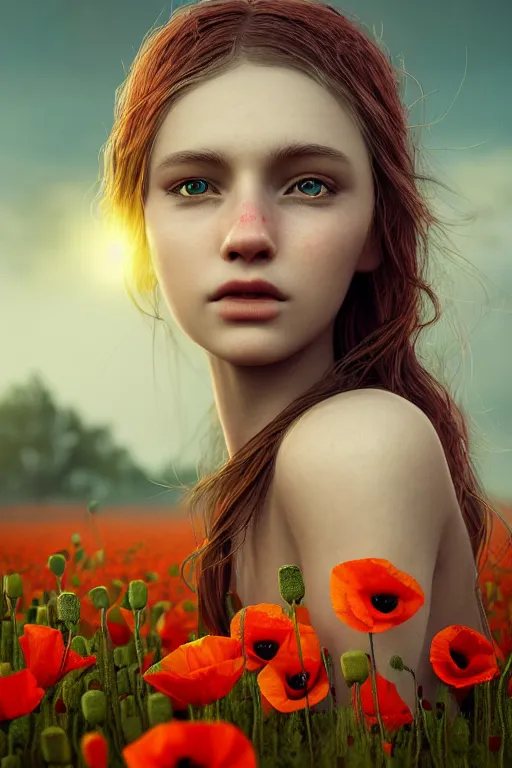 Image similar to epic Beautiful art portrait of a light elemental girl in a poppy' field , atmospheric lighting, intricate detail, cgsociety, hyperrealistic, octane render, RPG portrait, ambient light, dynamic lighting