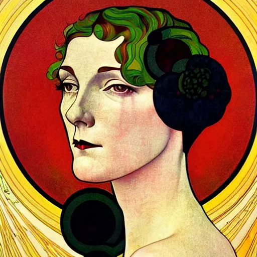 Image similar to Art in the style of Coles Phillips, Gaia, Mother Earth, side portrait, Mucha, Georgia O'Keeffe