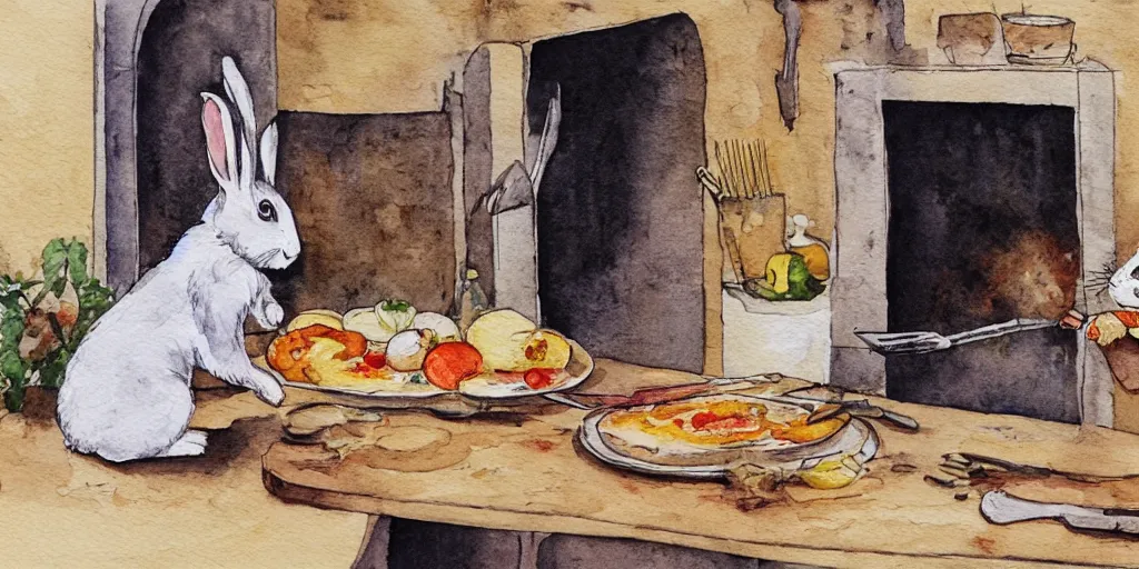 Image similar to a rabbit cooking food inside a french cozy kitchen, realistic watercolour