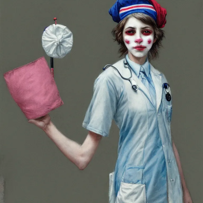 Image similar to clowncore pastel punk young hospital nurse wearing stylish uniform. detailed, portrait, 8 k, artwork by jean - baptiste monge