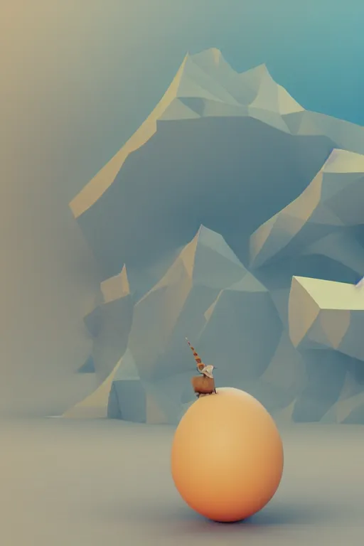 Image similar to geometric 3 d render, soft bright pastel, anthropomorphic egg riding unicorn in the middle, mountains surrounding, rule of thirds