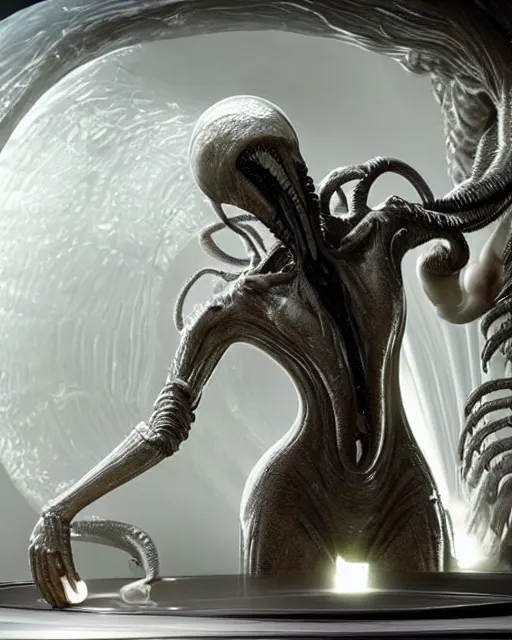 Image similar to cinematic full - body - shot still of kim kardashian being syphon fed by an xenomorph in a transparent alien liquid, wet flowing hair, gooey skin, illustration, unreal engine 5, 8 k, made by h. r. giger.