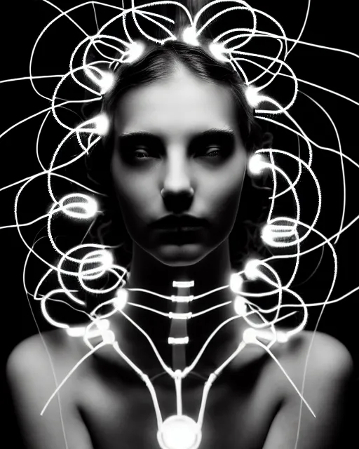 Image similar to black and white dreamy spiritual connected young female cyborg - plant goddess high quality photo, microchip, artificial intelligence, bio - mechanical bio - luminescence, black wired cables, neurons, nerve cells, cinematic, rim light, photo - realistic, elegant, high detail, 8 k, masterpiece, high fashion