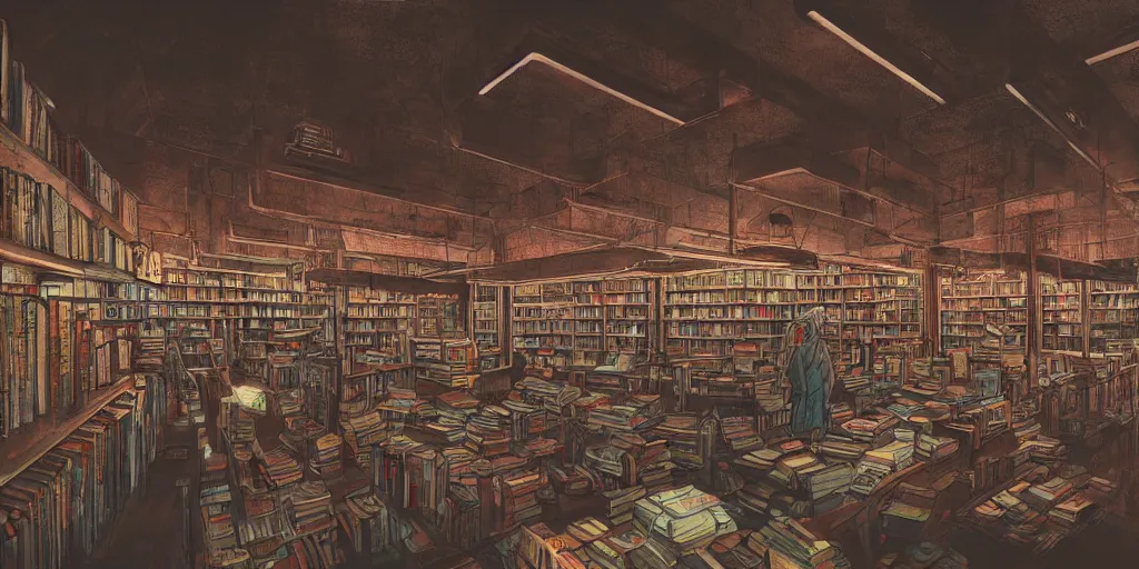 Image similar to cinematic shot of the interior of an old bookstore full of books, dystopian future, neon lights, sci - fi, night lights, haze, concept art, intricate, in the style of katsuhiro otomo, akira, unreal engine