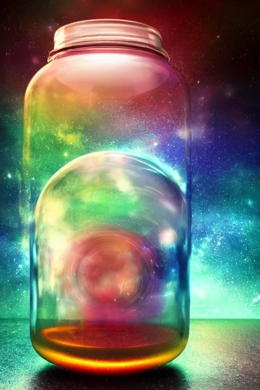 Prompt: Render dreamy 3d render of the universe trapped in a closed jar with lid , octane render, vibrant and cool tones, fantasy style, epic and beautiful