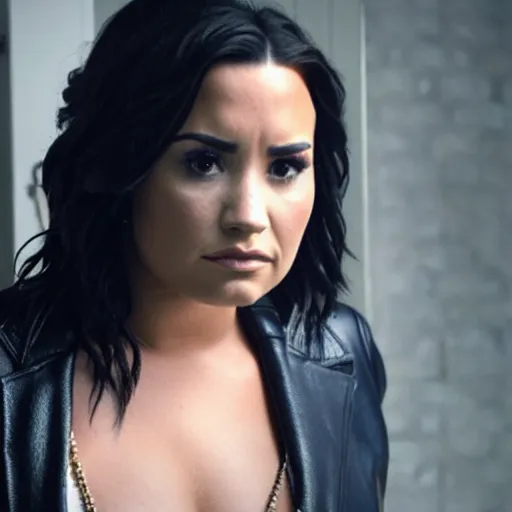 Image similar to close-up of Demi Lovato as a detective in a movie directed by Christopher Nolan, movie still frame, promotional image, imax 70 mm footage