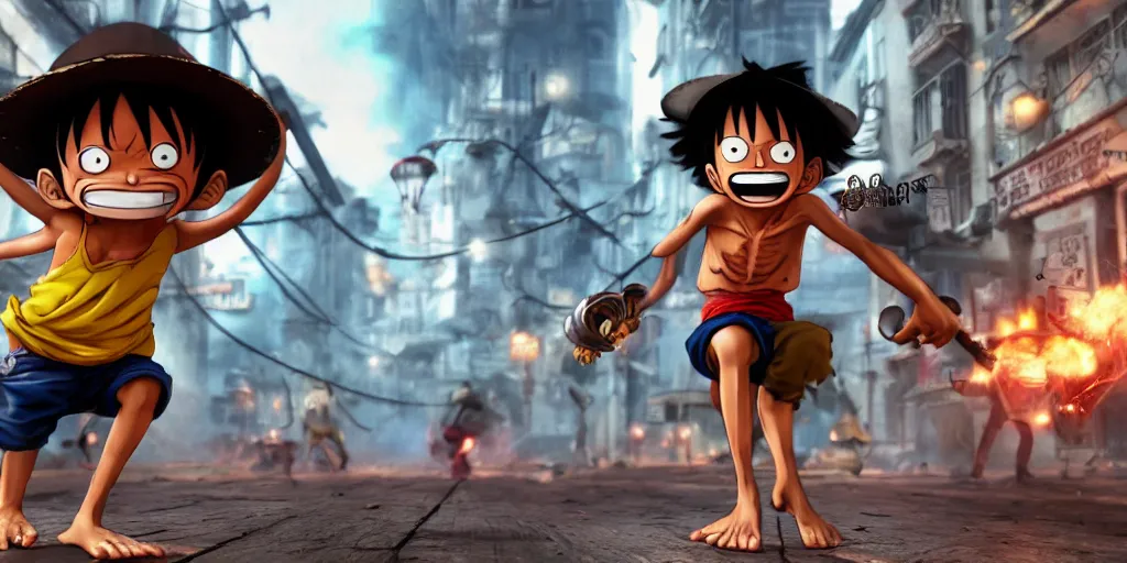Image similar to monkey d luffy fighting aliens in a steampunk city, night, realism, 4 k, octane render, award winning photograph, epic cinematic shot, perfectly defined features, ambient occlusion
