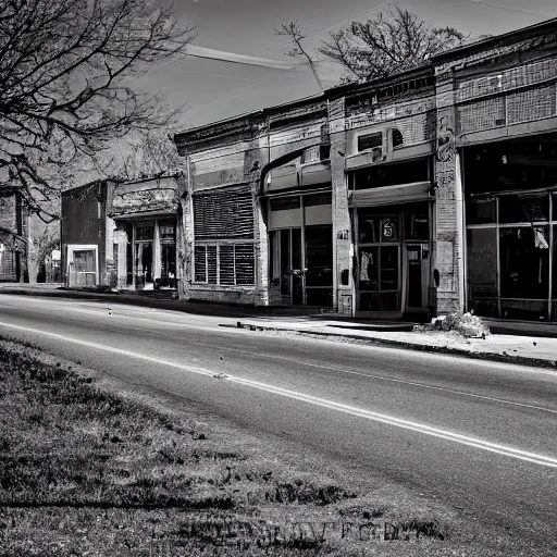 Prompt: a professional photograph of an abandoned midwestern main street