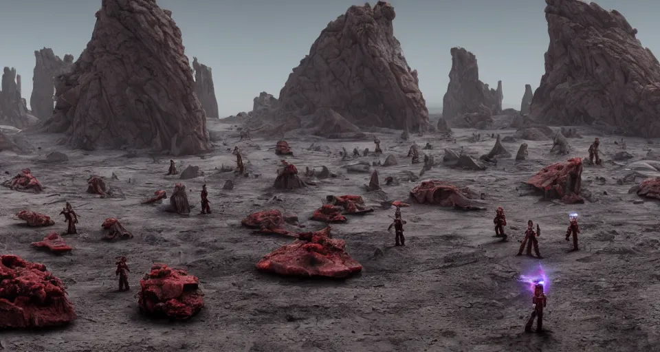 Image similar to alien red desert, foreground giant Fluorite art deco crystals out of the ground, Nordic rocky desert environment, background grey troopers and bounty hunters standing near their huge sci-fi futuristic tank | 35mm | arch viz , Matte painting, octane render, 8k, corona render, movie concept art, bio-luminescence, liquid, mist, caustics, epic mood, cinematic, hyper detailed, insanely detailed and intricate, portrait, hyper maximalist, cinematic, octane render, colorful redshift render, 8k