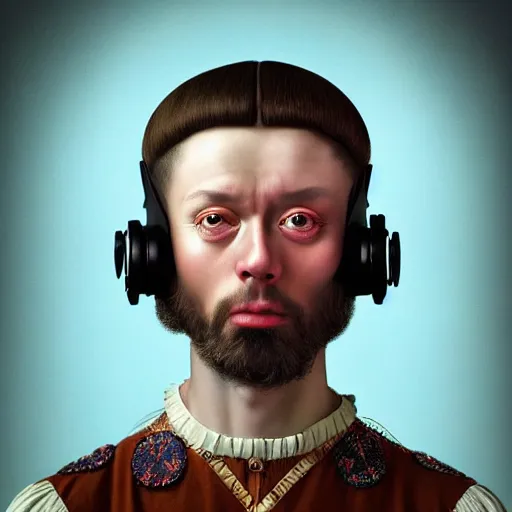 Prompt: Colour Caravaggio and Leonardo da Vinci style full body portrait Photography of Highly detailed Man wearing Ukrainian folk costume with 1000 years perfect face wearing highly detailed retrofuturistic VR headset designed by Josan Gonzalez. Many details In style of Josan Gonzalez and Mike Winkelmann and andgreg rutkowski and alphonse muchaand and Caspar David Friedrich and Stephen Hickman and James Gurney and Hiromasa Ogura. Rendered in Blender and Octane Render volumetric natural light