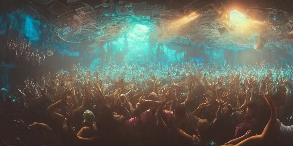 Image similar to rave party moshpit underwater, ethereal atmosphere, realistic digital art 4 k, high quality, greg rutkowski, zabrocki, karlkka, jayison devadas, phuoc quan, trending on artstation, 8 k, ultra wide angle, zenith view, pincushion lens effect