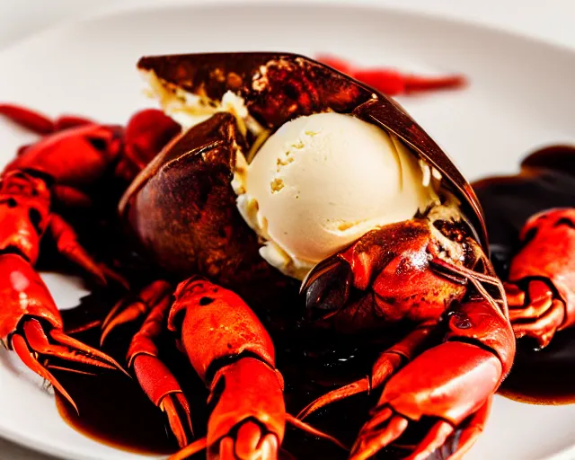 Image similar to dslr food photograph of vanilla ice cream with a crawfish, some chocolate sauce, 8 5 mm f 1. 4