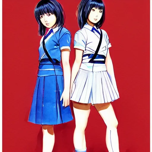 Image similar to a perfect, realistic sci-fi professional digital concept sketch of two Japanese schoolgirls posing, in style of Marvel, full length, by pen and watercolor, by a professional American senior artist on ArtStation, a high-quality hollywood-style sketch, on high-quality paper