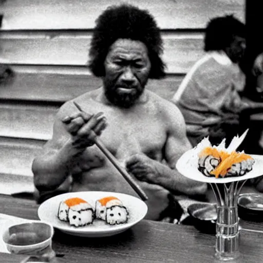 Image similar to aborigine eating sushi