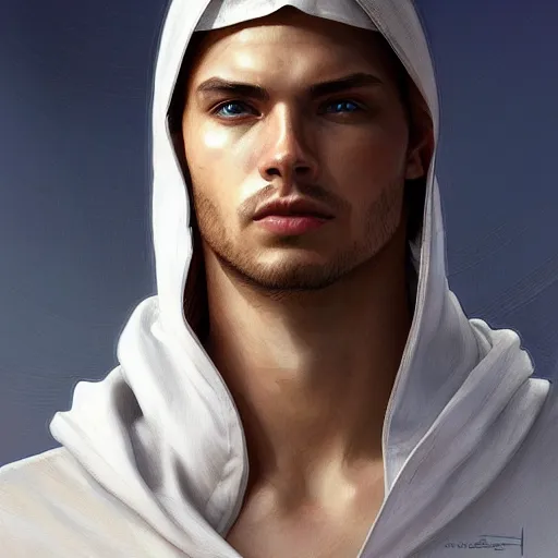 Image similar to ultra realistic illustration, a young man in a white hood, with brown hair, with blue eyes, intricate, elegant, highly detailed, digital painting, artstation, concept art, smooth, sharp focus, illustration, art by artgerm and greg rutkowski and alphonse mucha