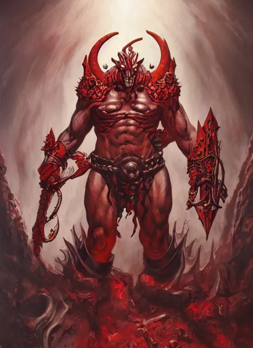 Prompt: khorne, of chaos, a epic portrait of the god of destruction, art by boris vallejo and greg danton and denys tsiperko, detailed, hyperrealism, artstation