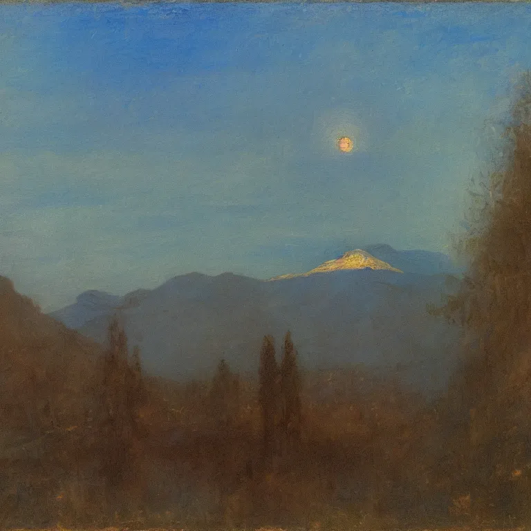 Prompt: zarathustra look up at the magic mountain, before dawn, oil painting, abbott handerson thayer, blue palette