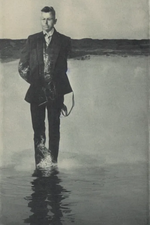 Image similar to h. p. baxxter standing in water with explosion in background, full body, reflection in water, volumetric lighting, golden ratio