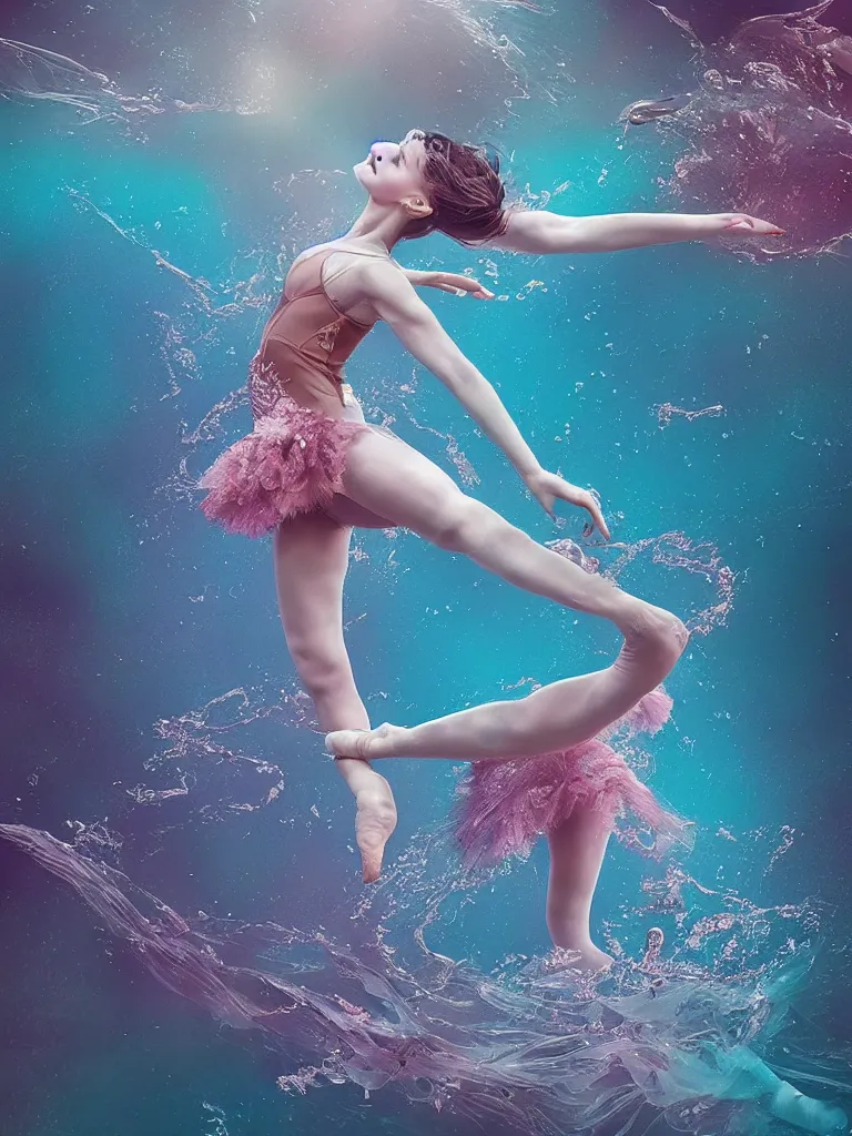 Image similar to a beautiful hyperdetailed rendering of a extremely cohesive underwater ballerina lyrical dancer weightless and drowning, ultrawide angle, aquasixio