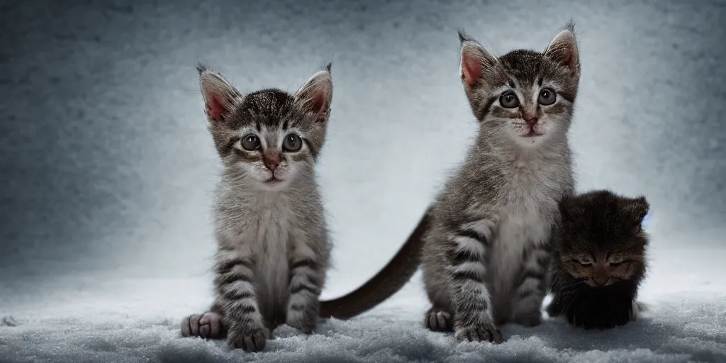 Image similar to cinematic photo of a single kitten with very long ears and an extremely long monkey's tail it is lying in the snow under the moonlight, studio lighting, in the style of rodger deakins and greig fraser and david fincher and denis villeneuve, moody, rim light, beautiful lighting, 8 k, stunning scene, blade runner, dune, seven,