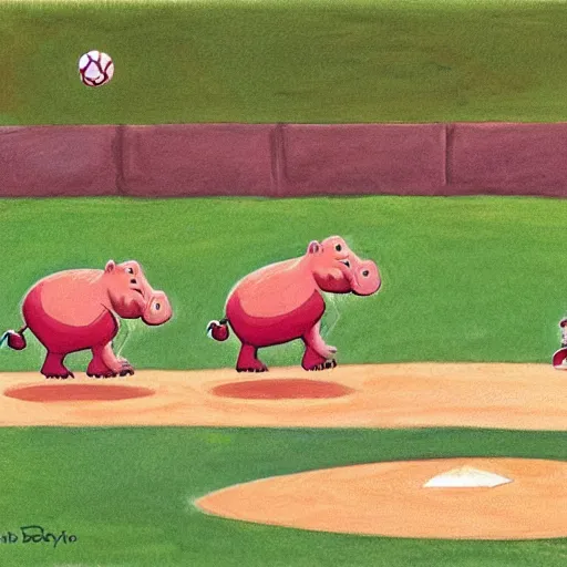 Prompt: hippos playing baseball by sandra boynton