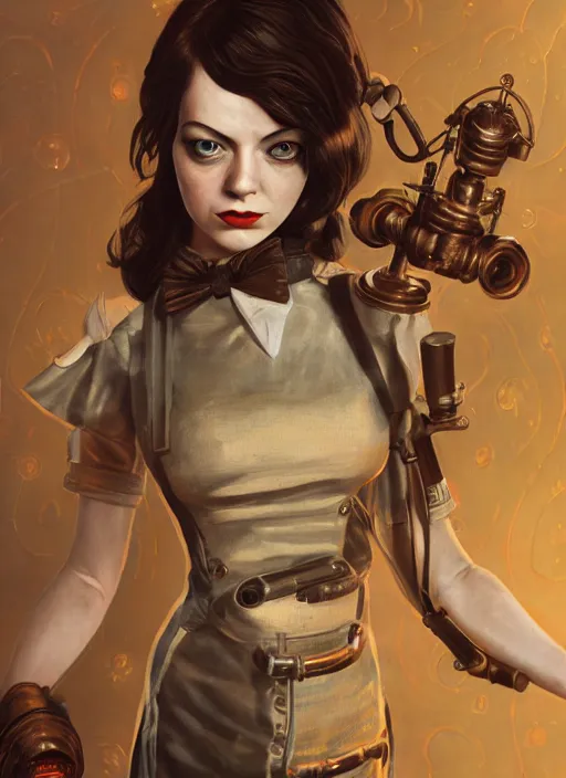 Image similar to Bioshock steampunk Emma Stone, au naturel, hyper detailed, digital art, trending in artstation, cinematic lighting, studio quality, smooth render, unreal engine 5 rendered, octane rendered, art style by klimt and nixeu and ian sprigger and wlop and krenz cushart