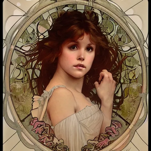 Image similar to beautiful lifelike award winning pencil illustration of linda blair trending on art station alphonse mucha cinematic atmospheric