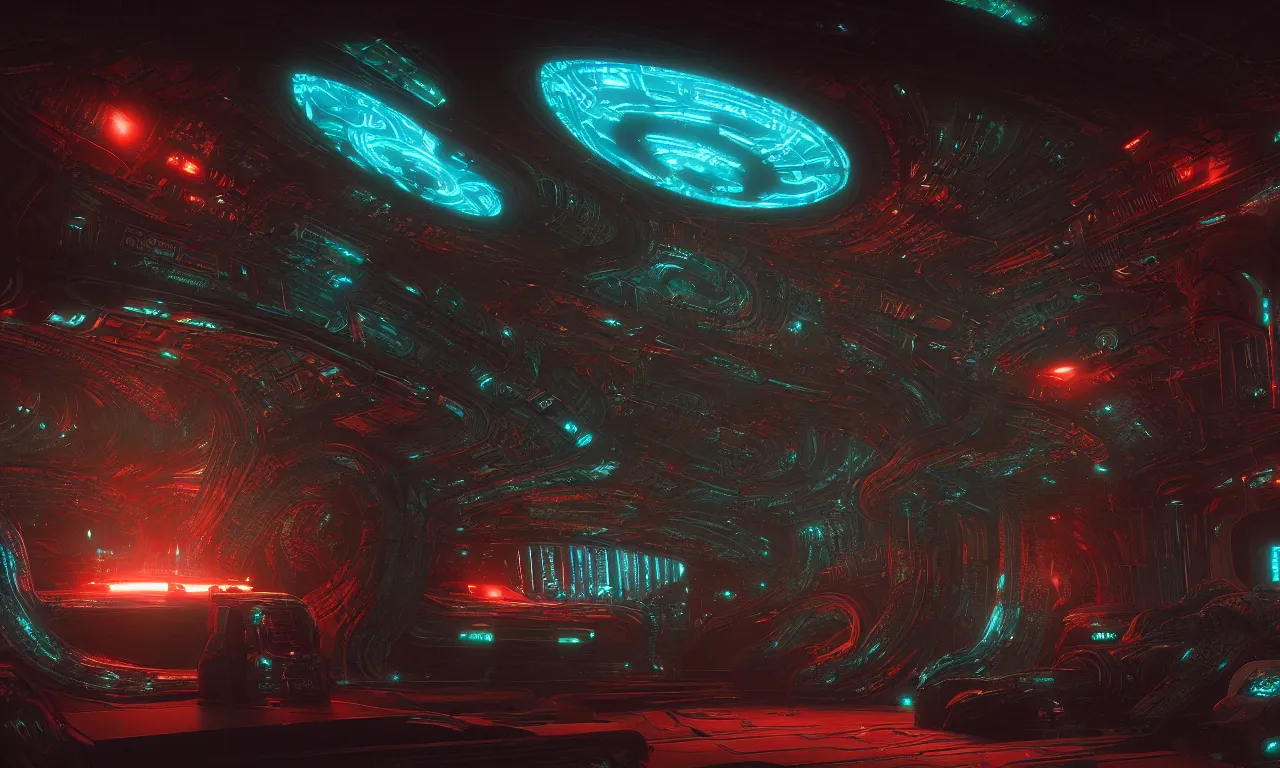 Image similar to Prometheus biological sci-fi environment set, glowing ship control panel, in a nightmarish universe of odd forms and somber tapestry, HR Giger and Vincent Di Fate, vivid color scheme, featured in artstation, octane render, cinematic, elegant, intricate, 8k