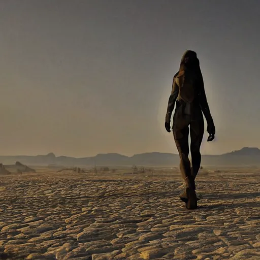 Prompt: a woman full figure cyberpunk walks in the desert, in the distance you can see a futuristic city, hyperrealism, subsurface scattering, rim light, highly detailed, sharp focus