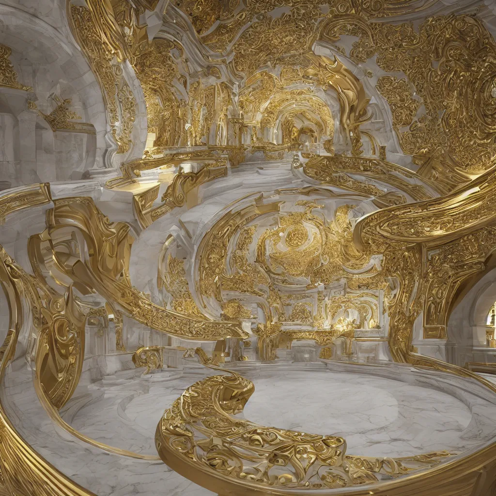 Image similar to an incredibly smooth curvilinear neo baroque interior architectural sculpture, a golden pool on the ground is envelope by folding white surfaces, blue light, visually satisfying architecture render