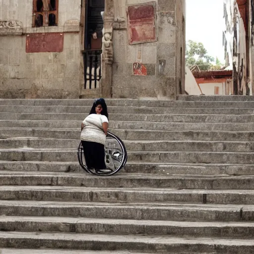 Image similar to a fat Indian woman holding a rollator on steps in Porto, greg rutkowski